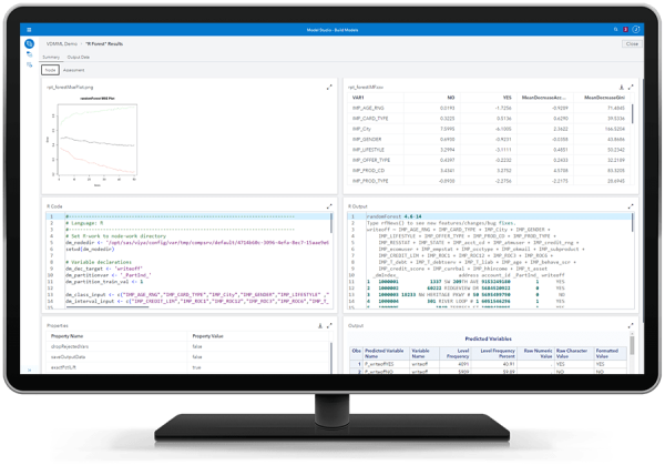 SAS Visual Data Mining and Machine Learning showing R open source node on desktop monitor