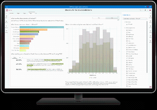 SAS Visual Data Mining and Machine Learning showing automated explanations on desktop monitor