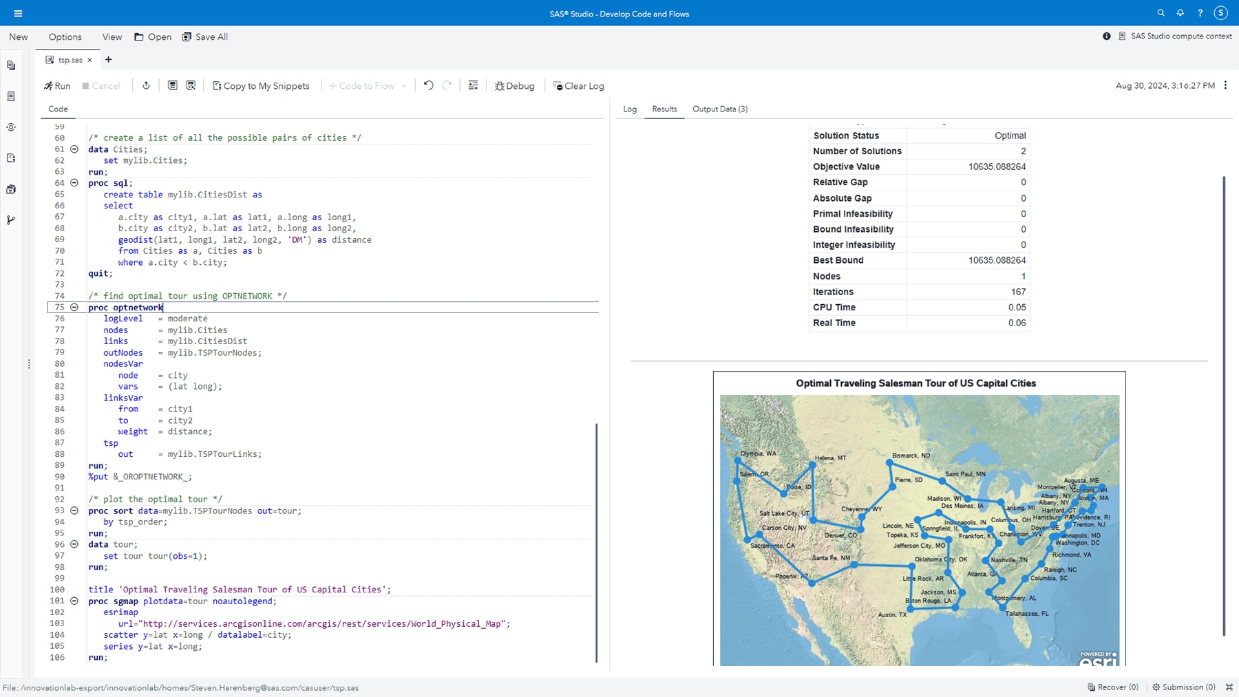 Screenshot of SAS Optimization showing traveling salesman problem solver