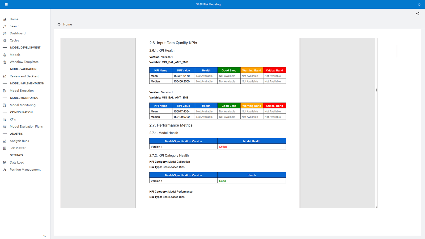 Screenshot of SAS Risk Modeling showing model documentation