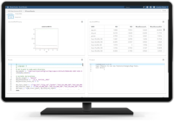 SAS Visual Data Mining and Machine Learning showing open source node on desktop monitor
