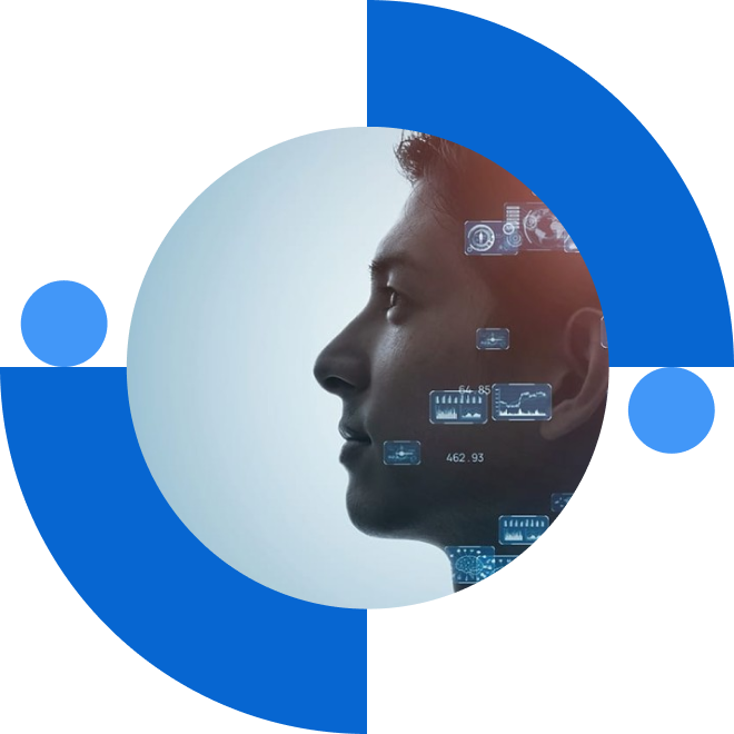 Man with technology overlays surrounded by blue shapes