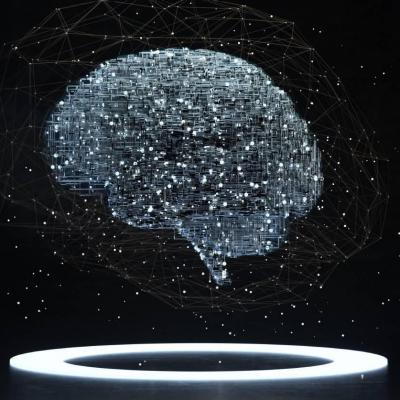 A high-tech brain image made of data.