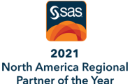 SAS 2021 North America Regional Partner of the Year award badge, vertical with dark text