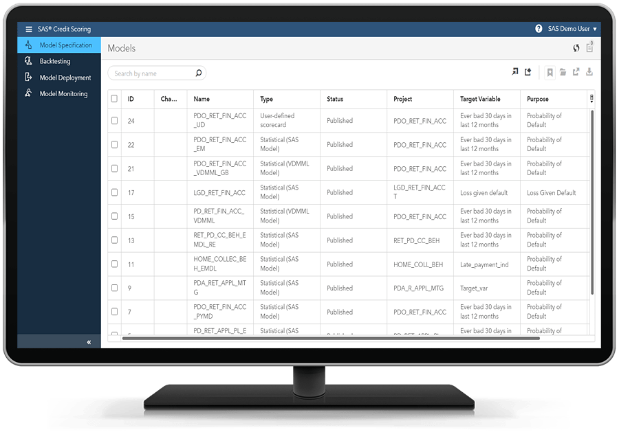 SAS Credit Scoring showing model specification on desktop monitor