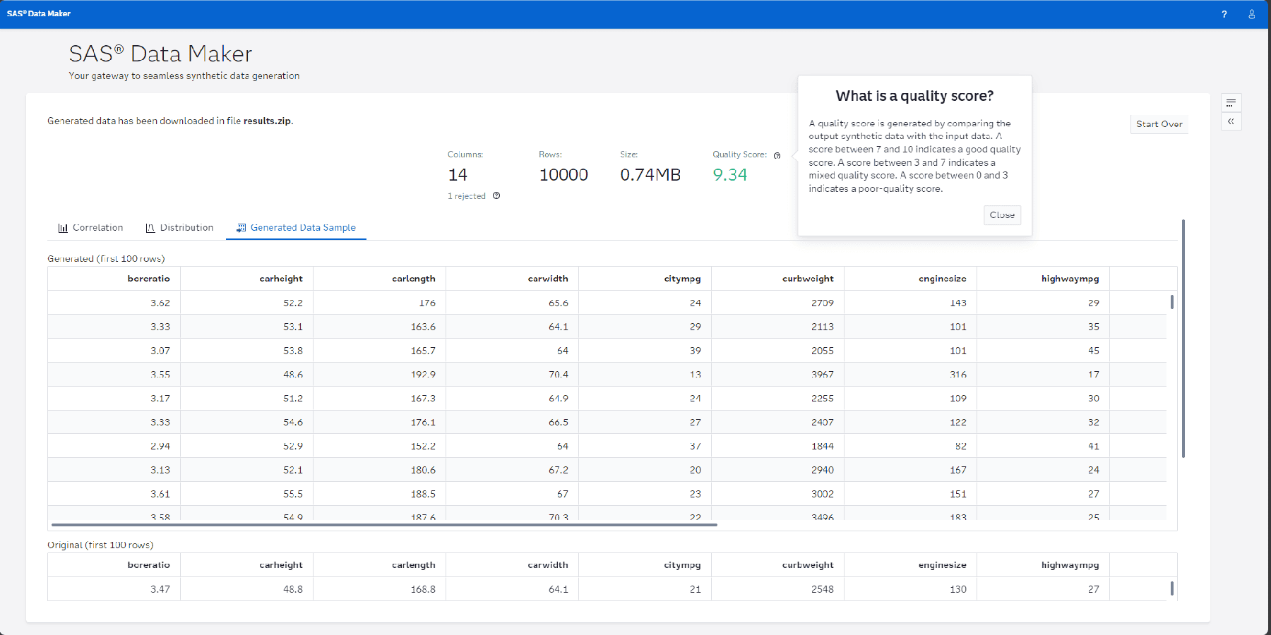 Screenshot of SAS Data Maker - Generated data