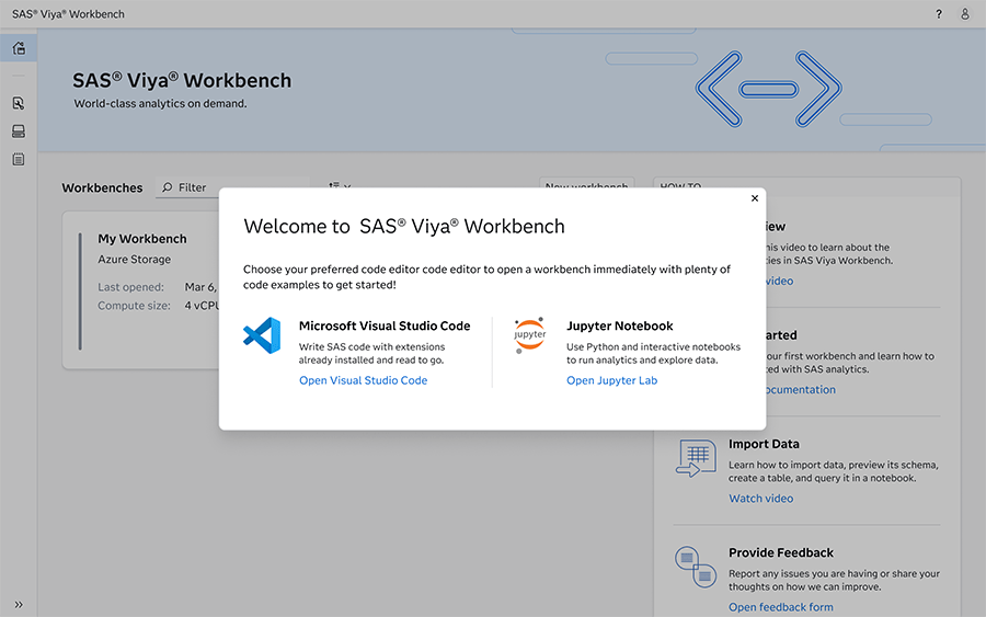 SAS Viya Workbench screenshot showing Quick Start