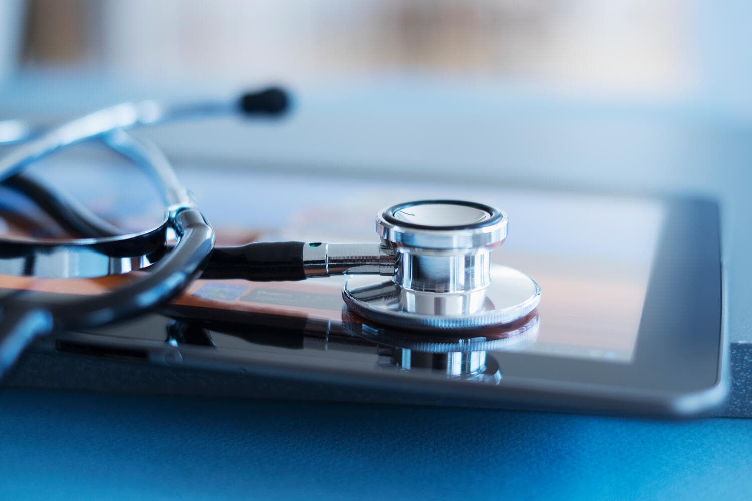 Close up view of stethoscope on digital tablet, Jersey City, New