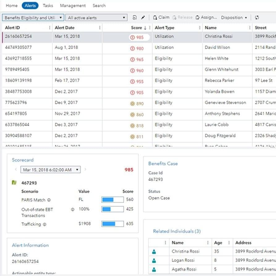 SAS Payment Integrity for Social Benefits screenshot showing alert detail