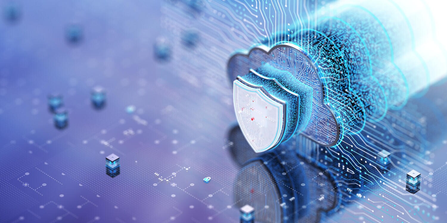 purple blue background with computer chip lines and picture of cloud with a security badge on top