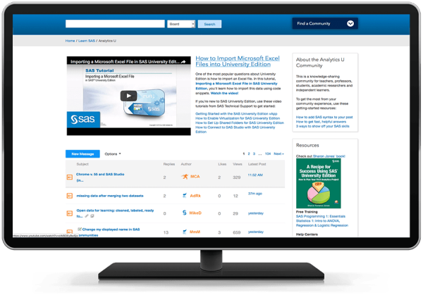 SAS Analytics U online community shown on desktop monitor