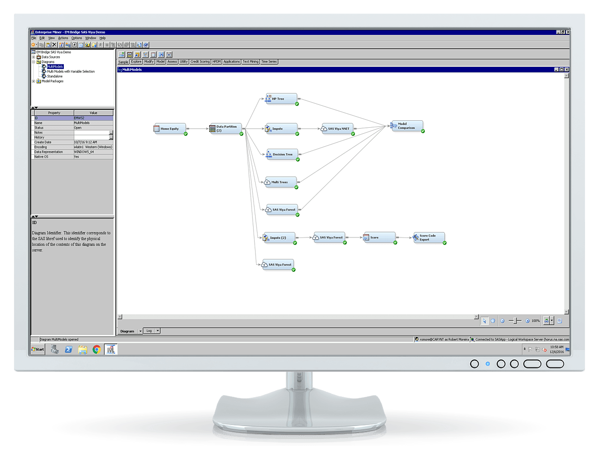 Captura de pantalla de SAS Enterprise Miner que muestra un flujo de procesos
