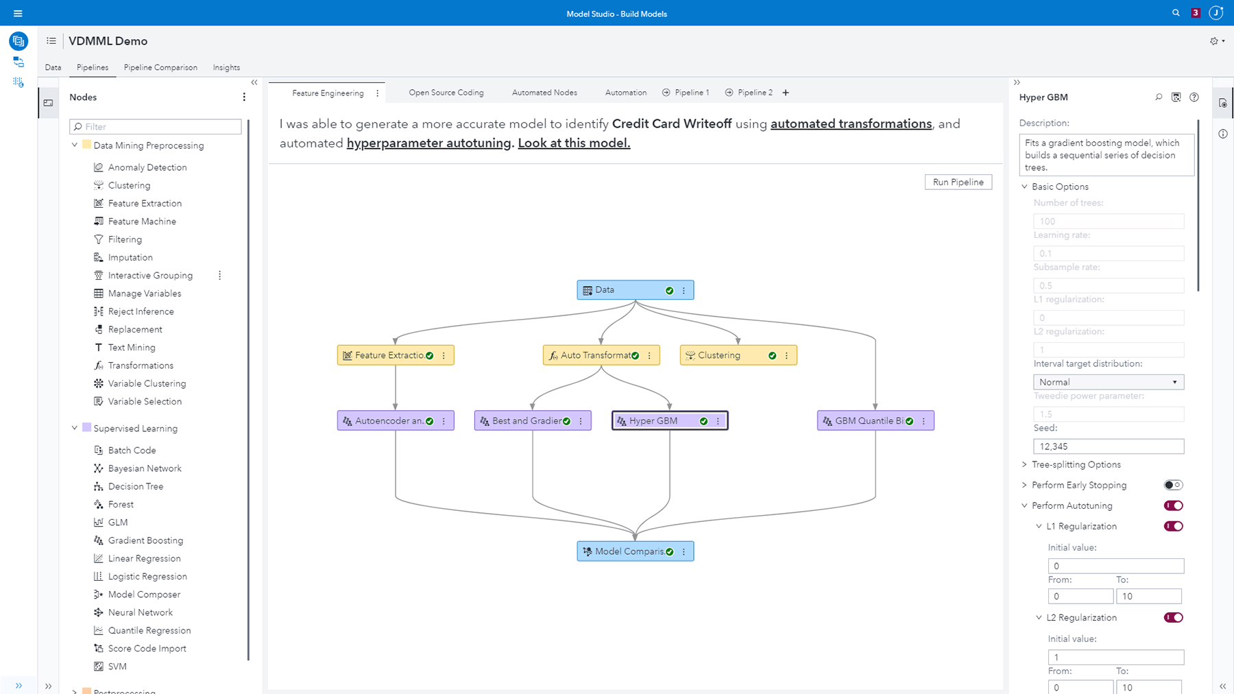 SAS Visual Data Mining and Machine Learning muestra canalización para la ingeniería de funciones automatizada en un monitor de escritorio