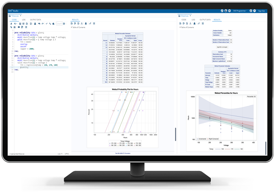 Software SAS QC que muestra la evaluación de la confiabilidad del producto en un monitor de escritorio