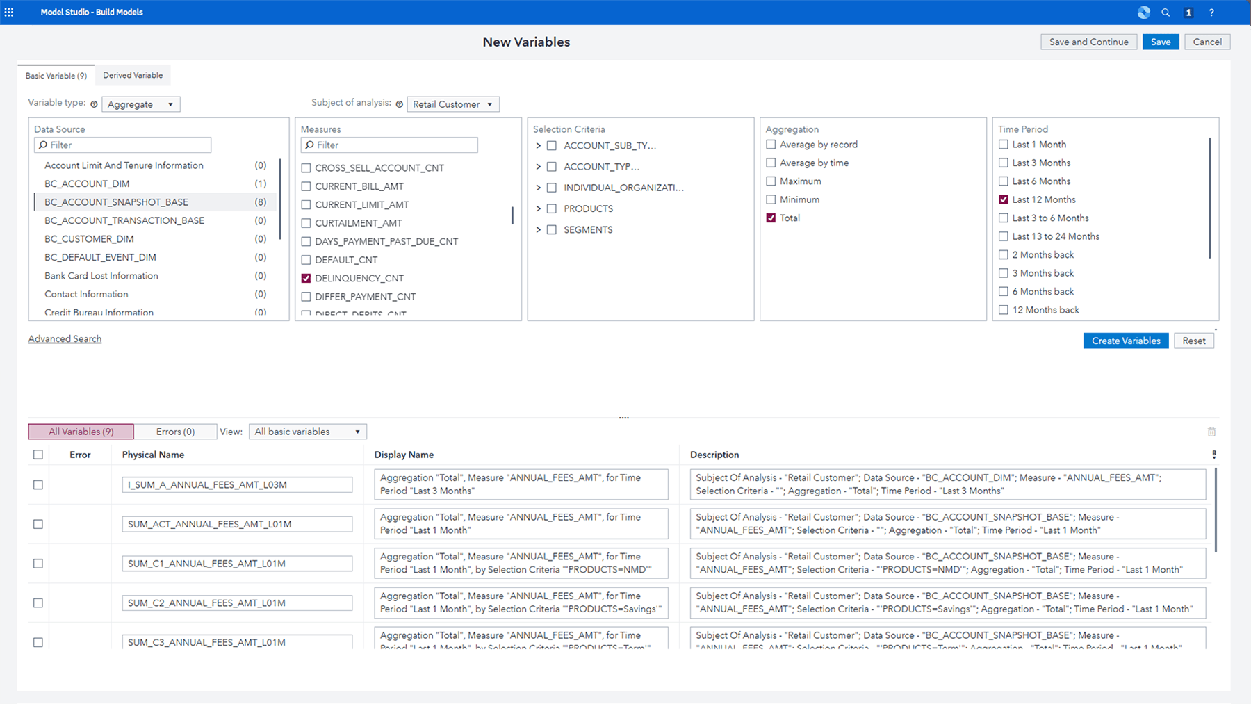 Screenshot of SAS Risk Modeling showing ability to manage variables