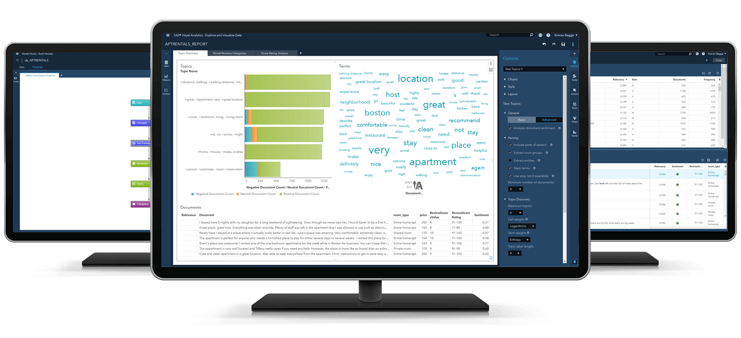 SAS® Visual Text Analytics screens on desktop monitors