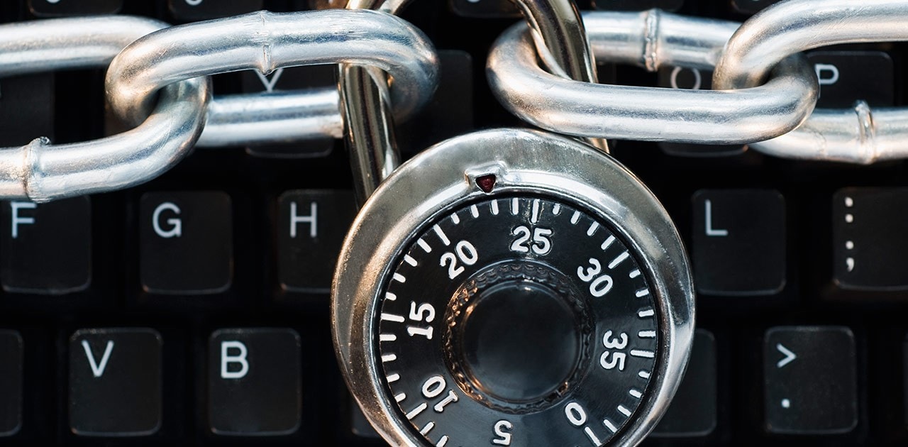 cyber security combo lock, chain, and keyboard