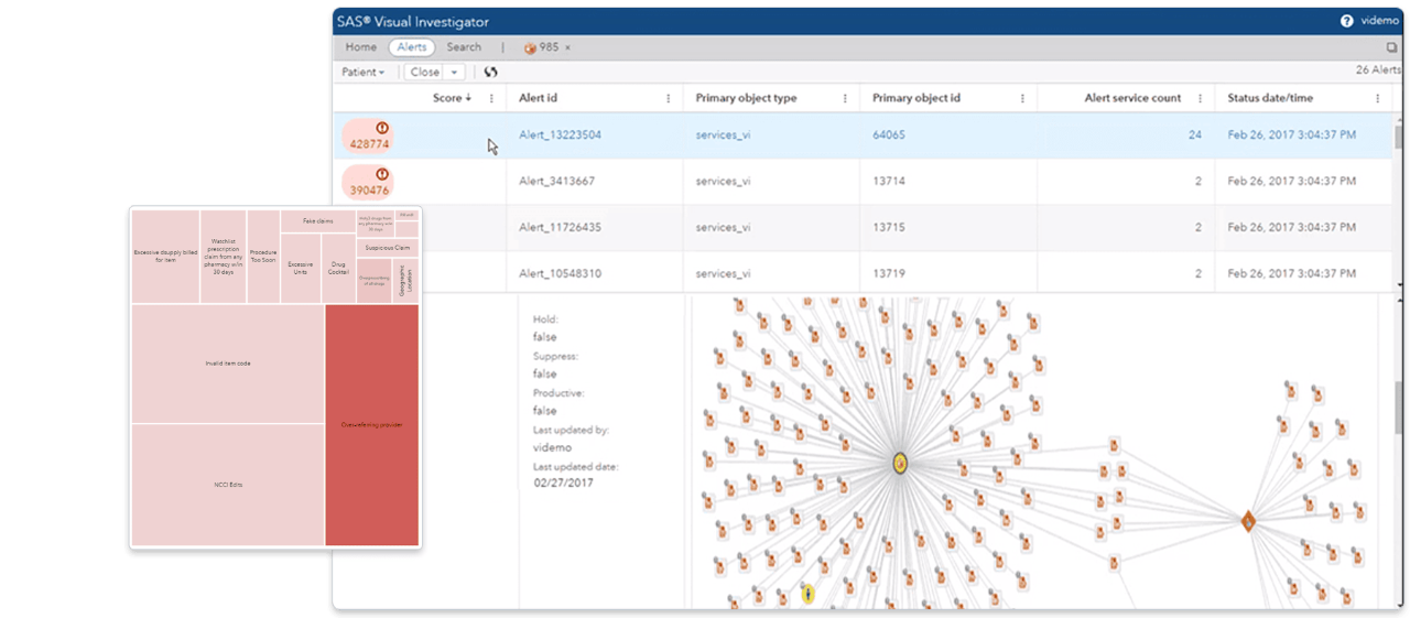 SAS Payment Integrity for Health Care showing alert view with highlights