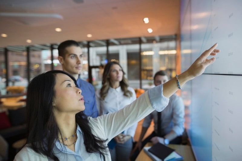 Woman pointing at graphs on wall with co-workers watching