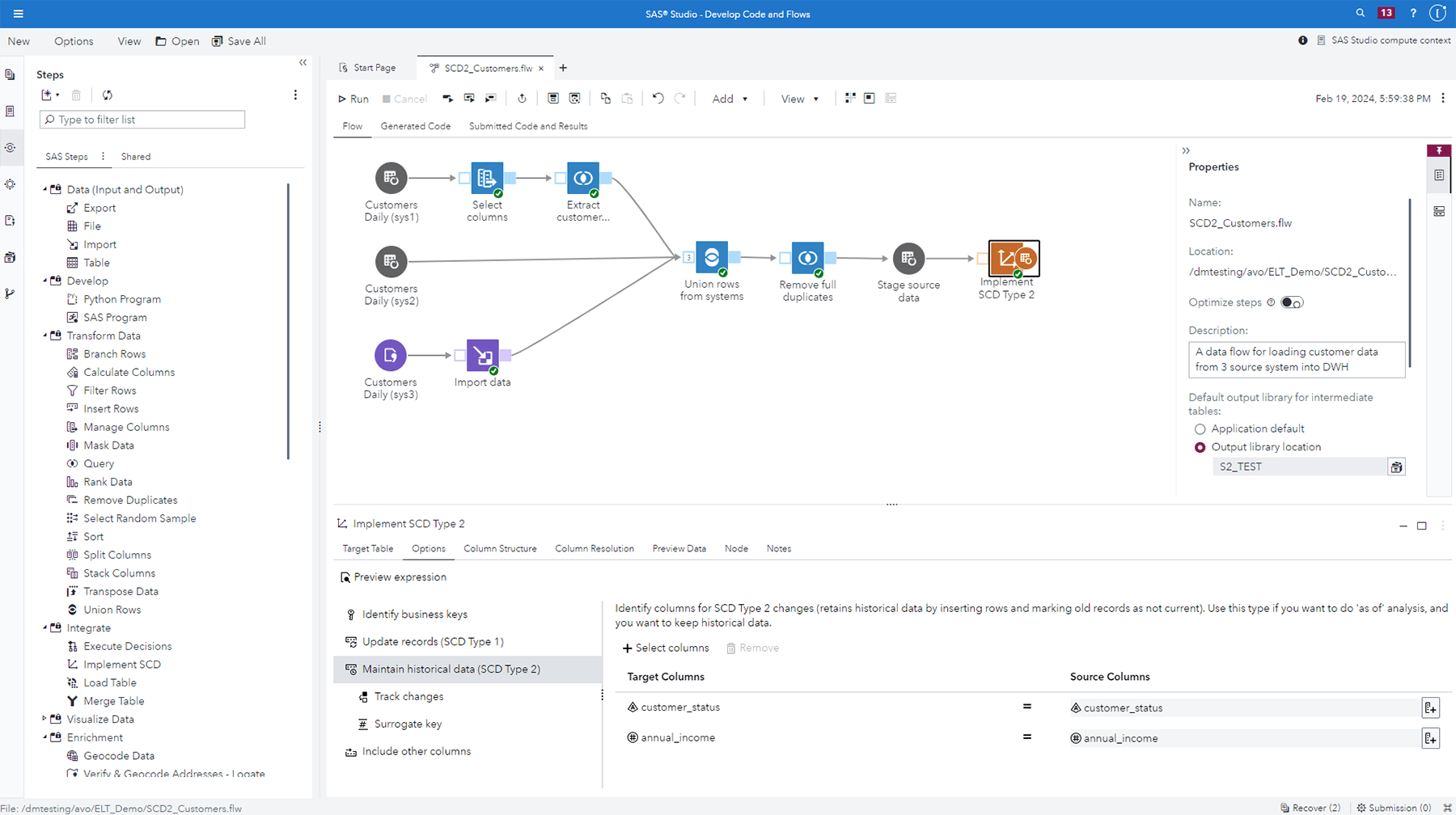 Captura de pantalla de la integración de datos de SAS Studio
