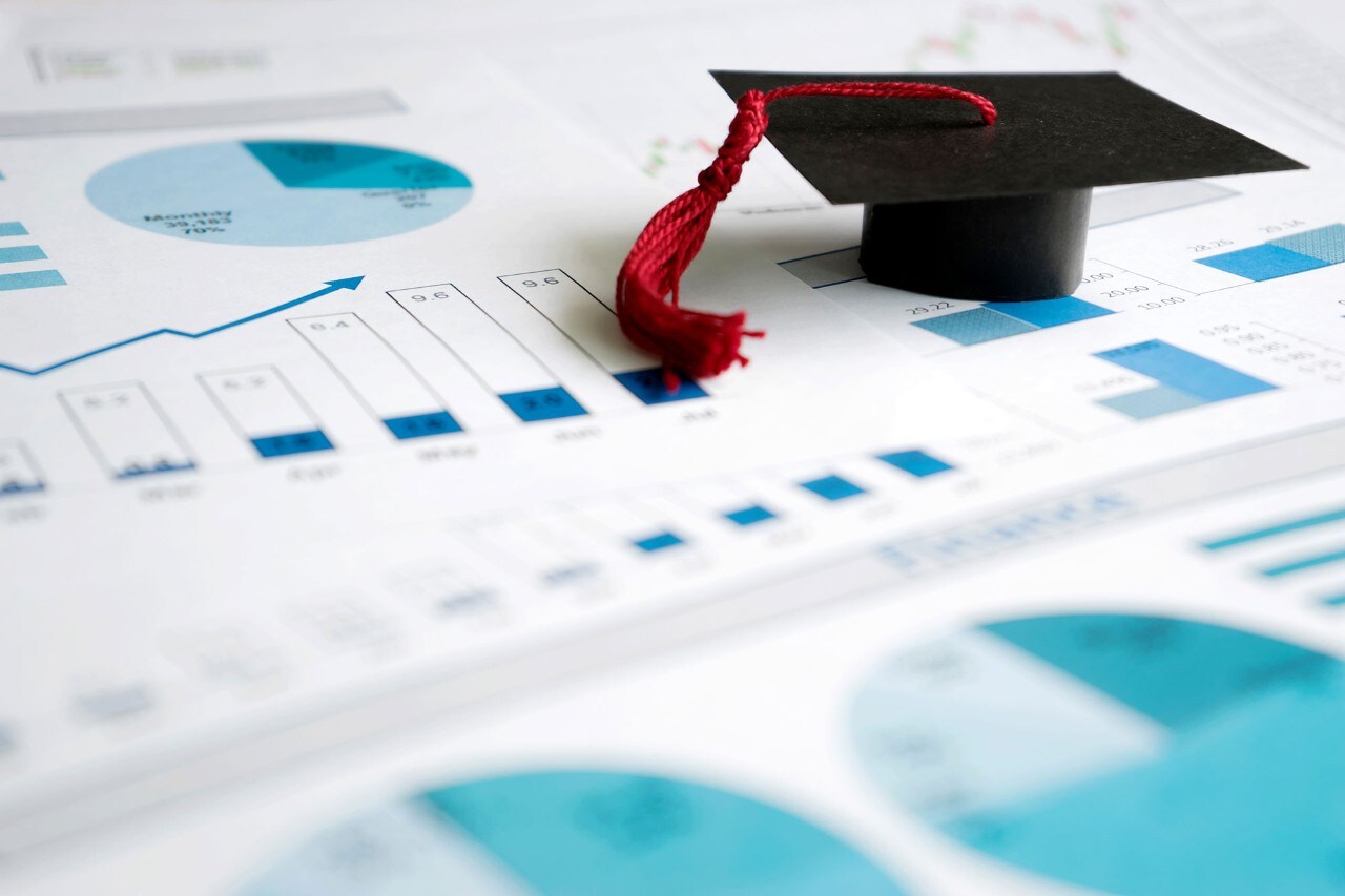 Graduation cap and analytics graphs