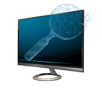 Magnifying glass on computer monitor representing computer vision