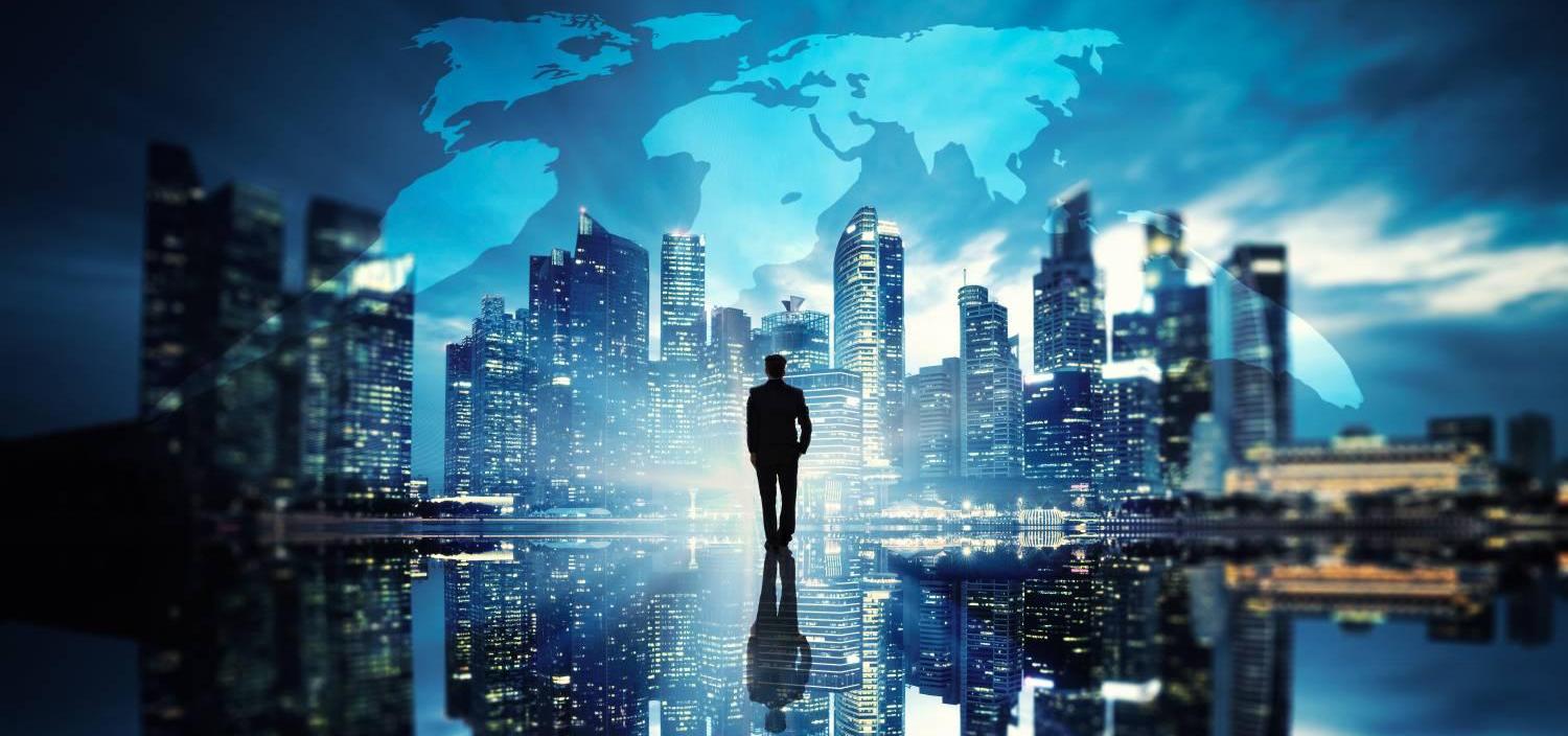 Man standing facing a futuristic Singapore skyline and global world map