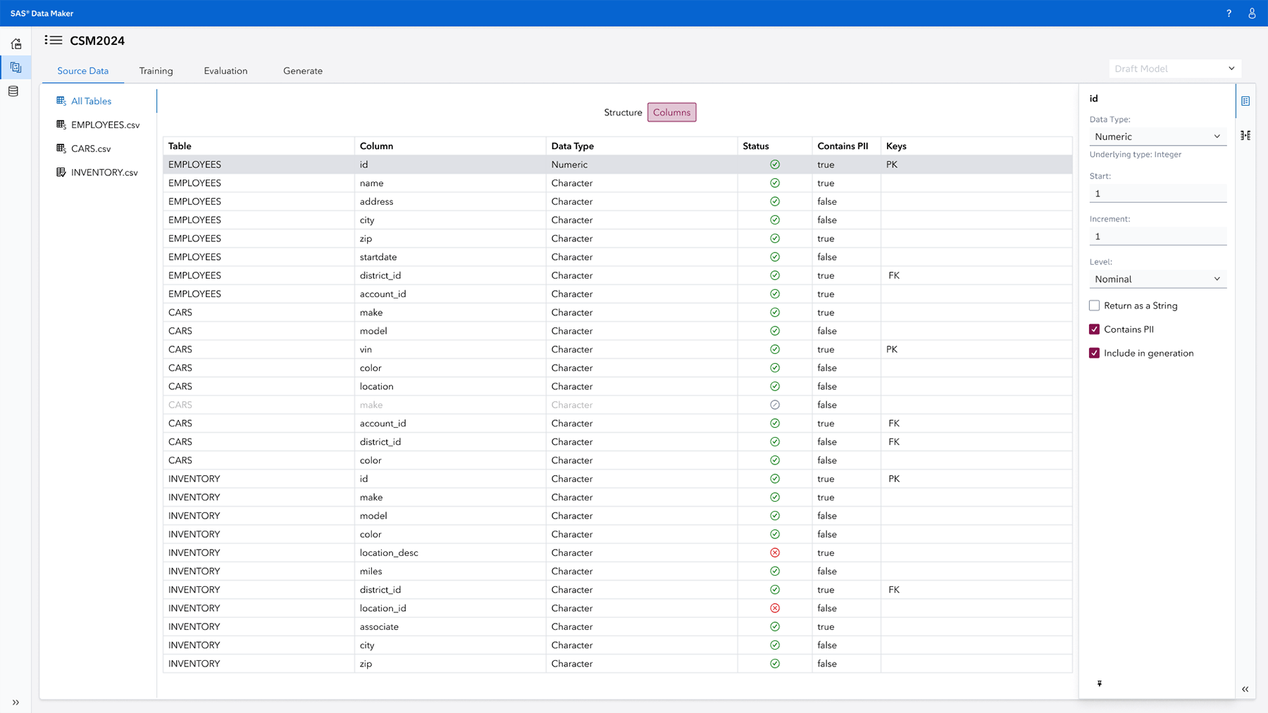 Captura de pantalla de SAS Data Maker - conexiones