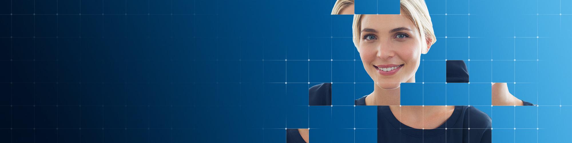 Young woman puzzle pieces/connected dots effect on blue background