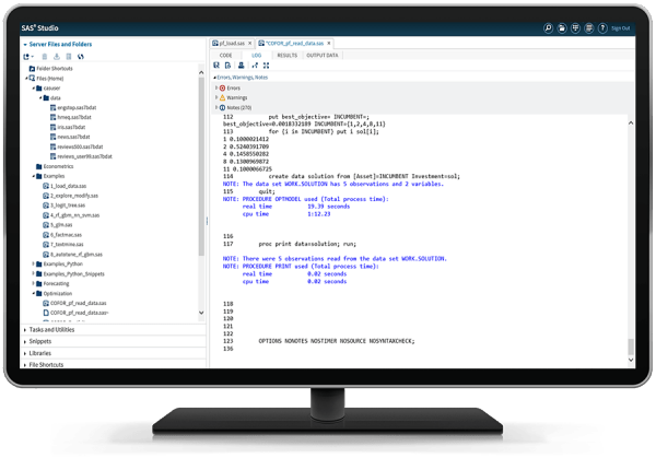 SAS Optimization showing optimization log on desktop monitor