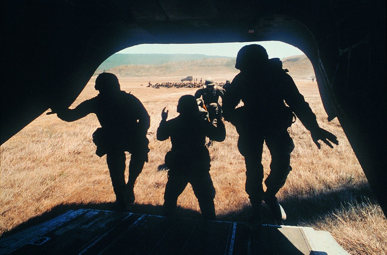 Soldiers boarding Helicopter in training