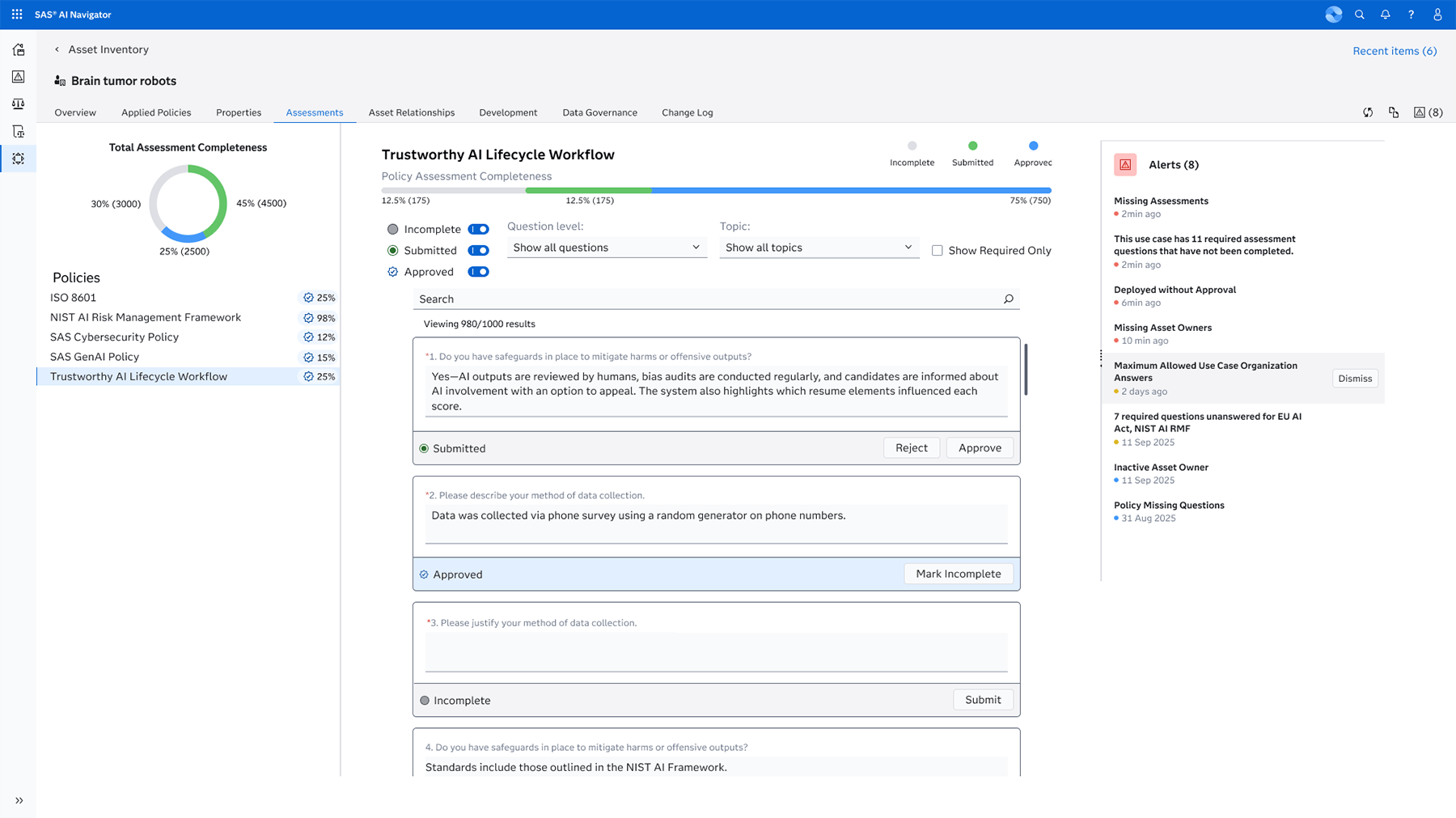 Screenshot of SAS AI Navigator showing assessment overview