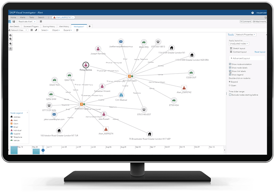 SAS Payment Integrity for Health Care showing network view on desktop monitor