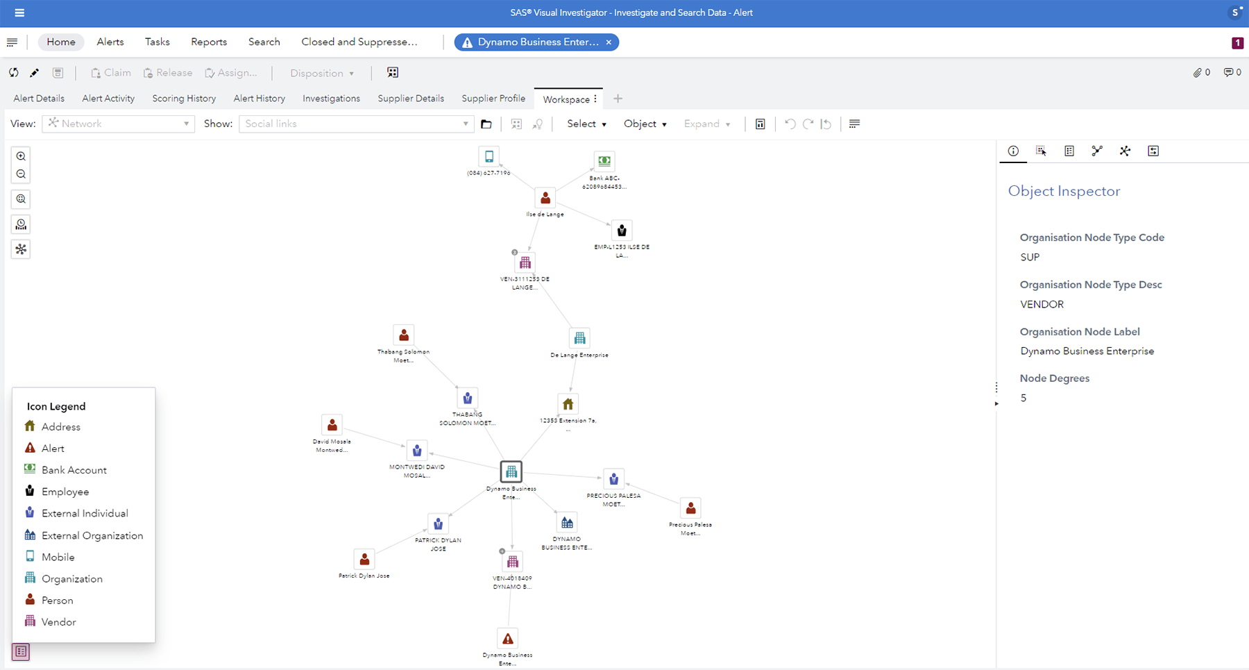 Capture d'écran de l'analyse des réseaux sociaux de la solution d'intégrité des achats