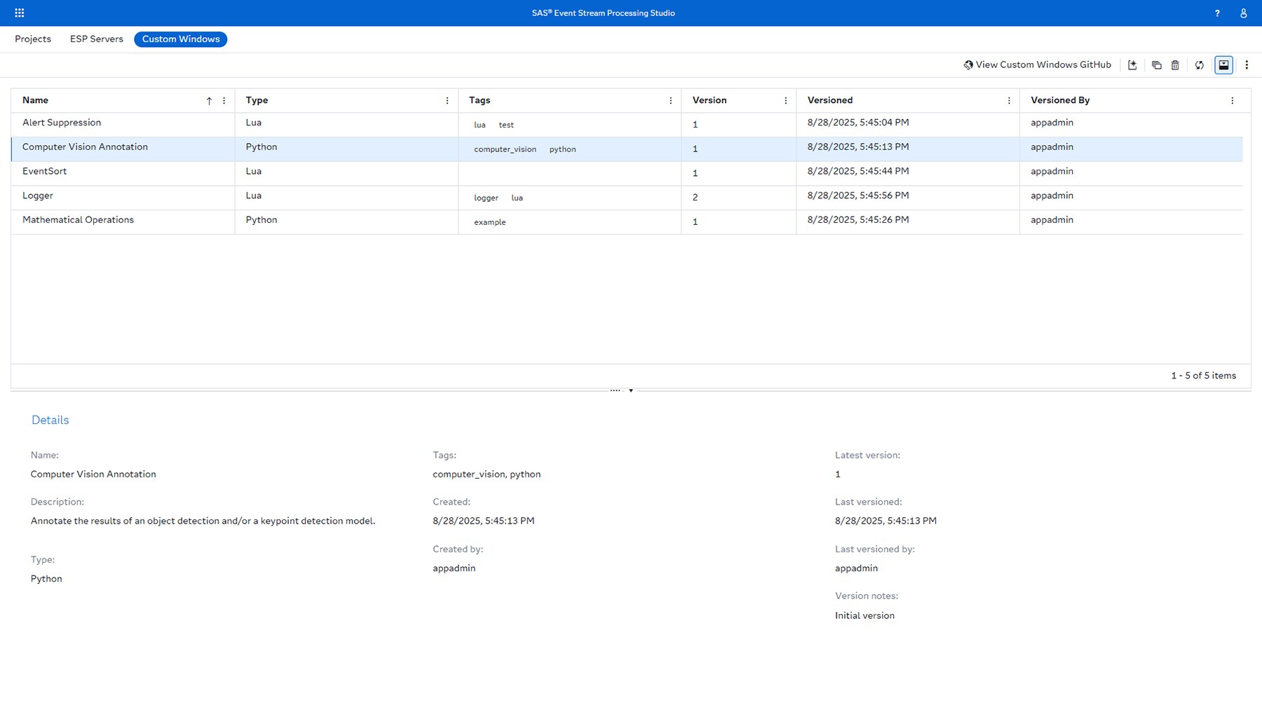 Screenshot of SAS Event Stream Processing - custom windows