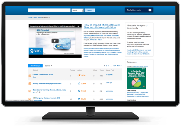 SAS Analytics U online community shown on desktop monitor