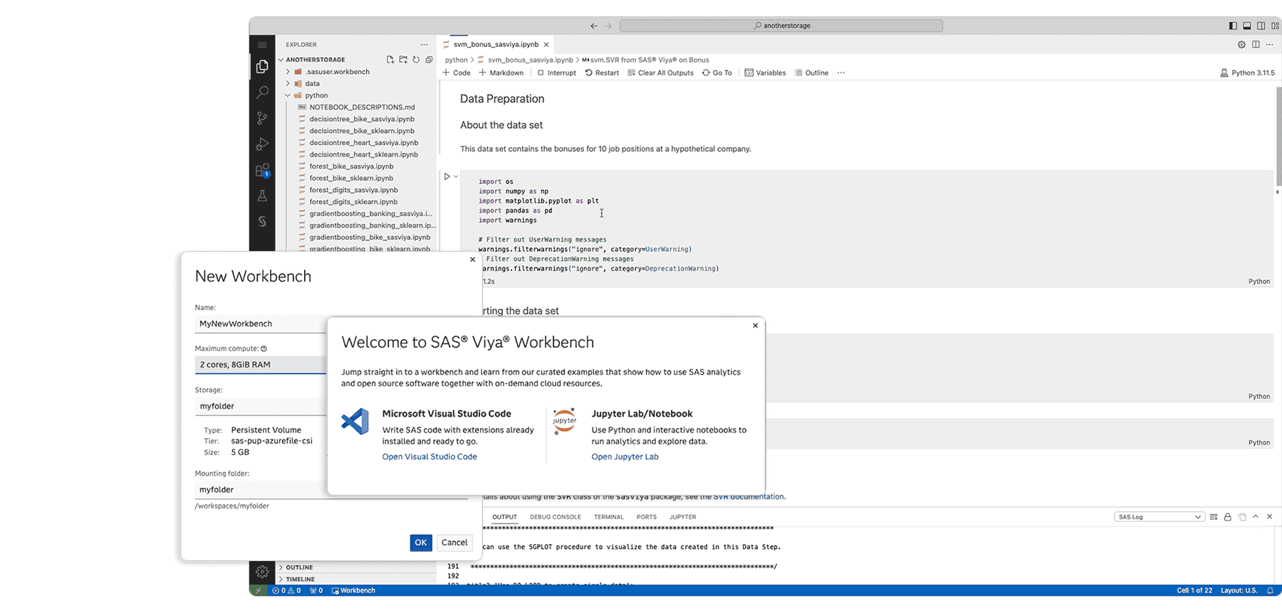 Capture d'écran de SAS Viya Workbench avec les points forts