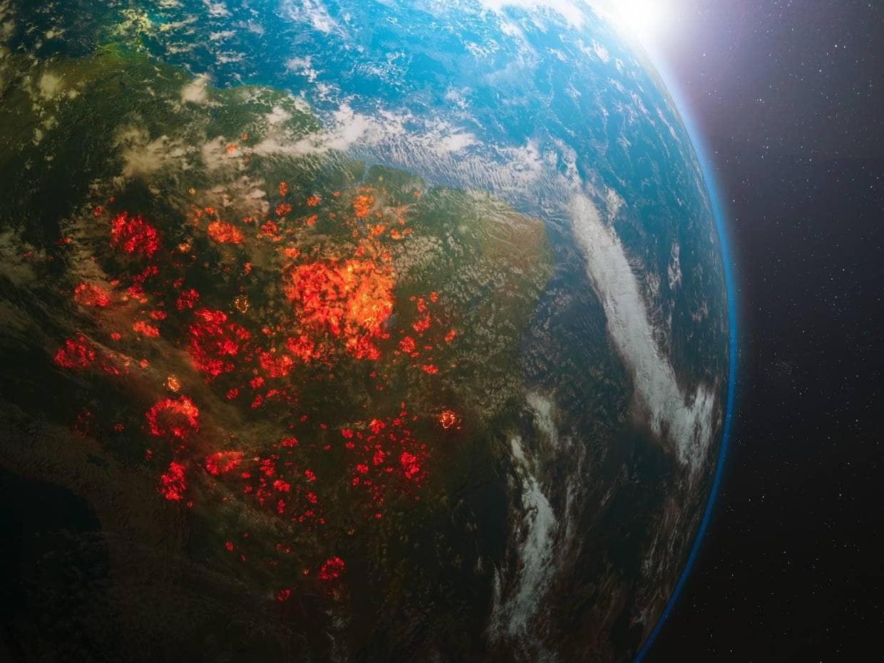 vue aérienne de la terre et des forêts amazoniennes en feu