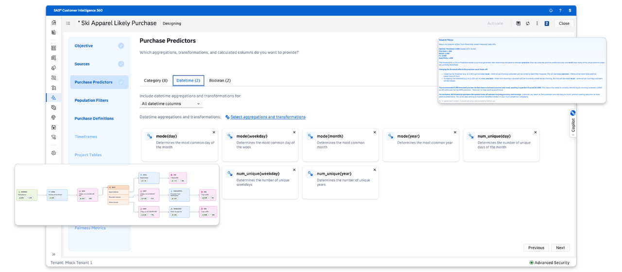 Screenshot of SAS 360 Marketing AI showing data prep with highlights
