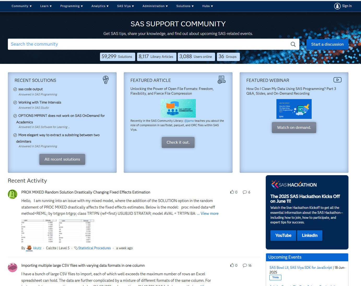 Capture d'écran de la communauté en ligne SAS Analytics U