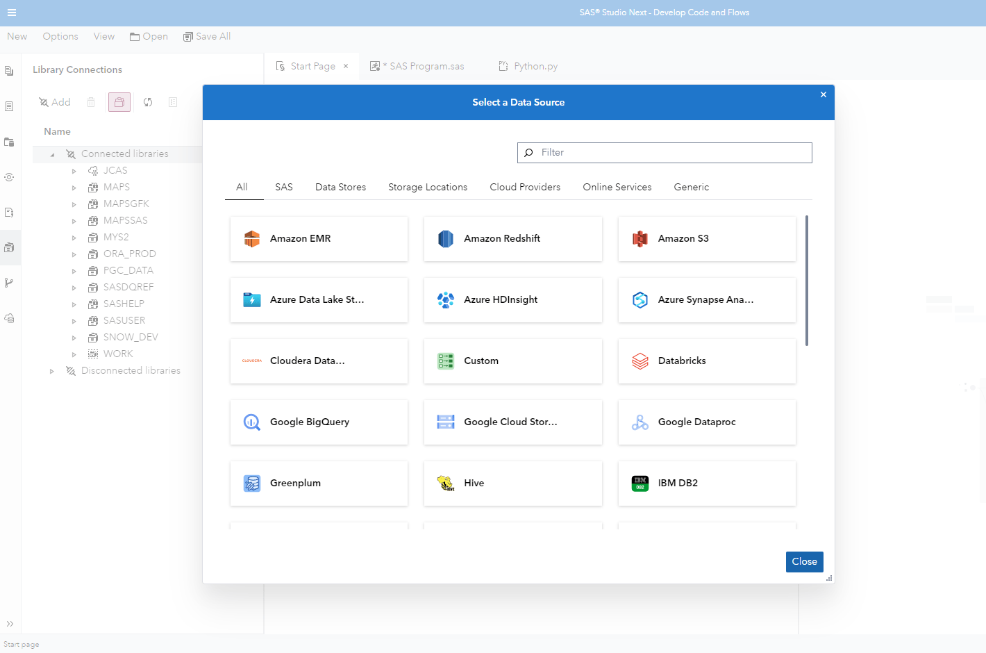 SAS Studio data connection screenshot