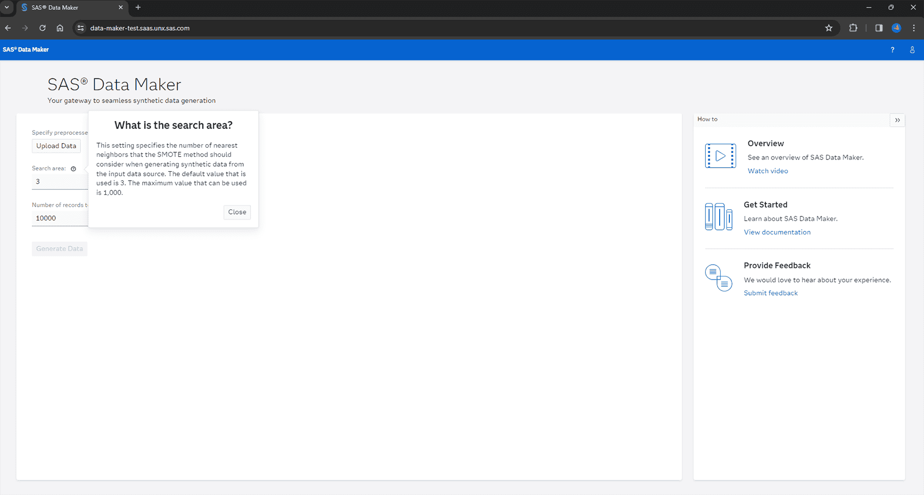 SAS Data Maker define parameters screenshot