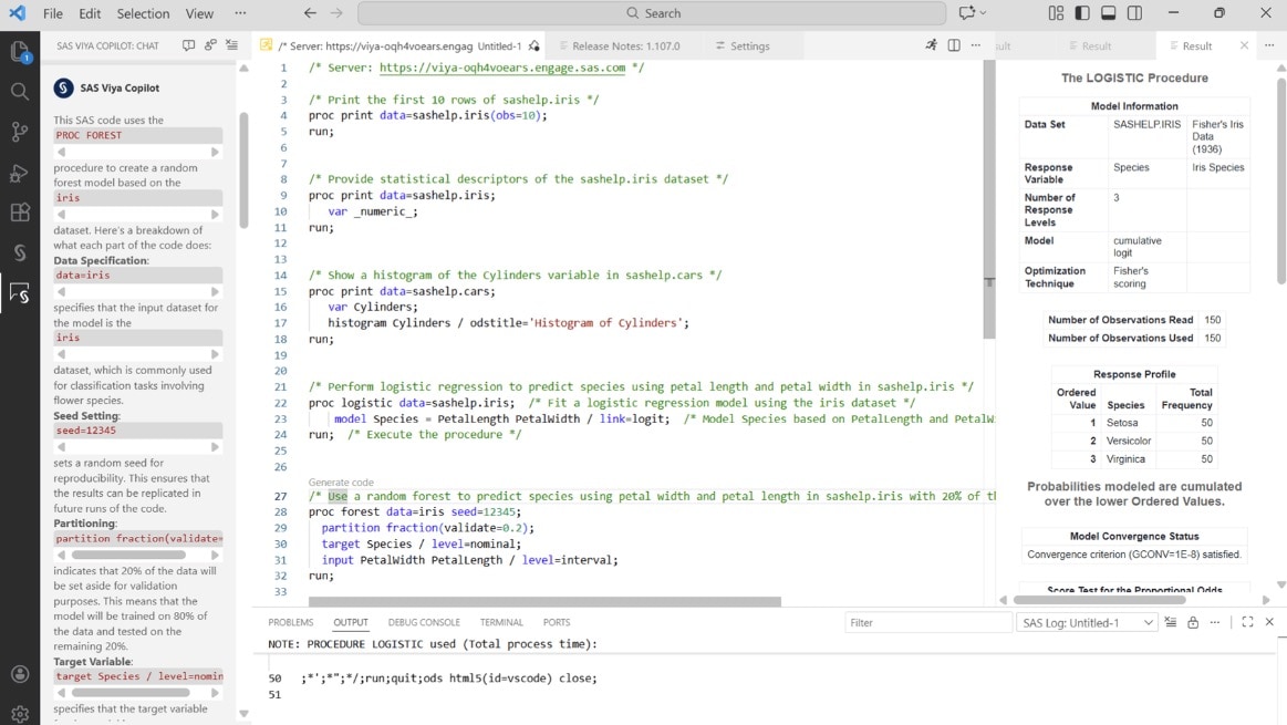 Screenshot of SAS Viya Copilot showing code generation