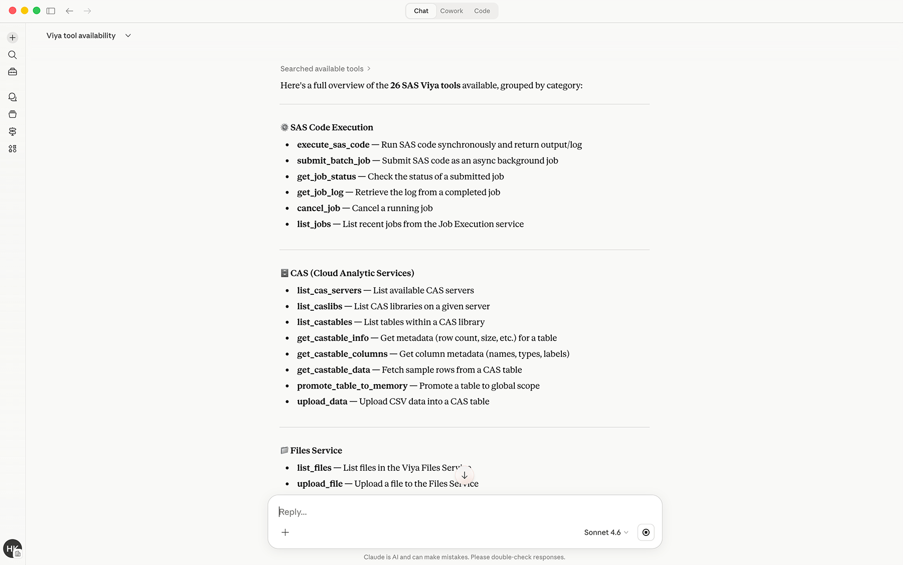Screenshot of SAS Viya MCP Server Claude
