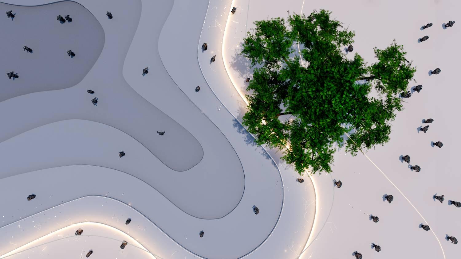 Overhead view of people positioned along topographic shapes and tree