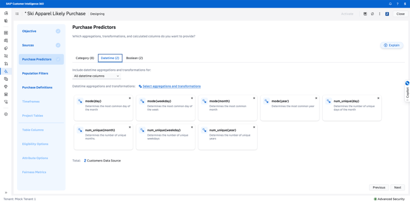 Screenshot of SAS 360 Marketing AI showing data prep