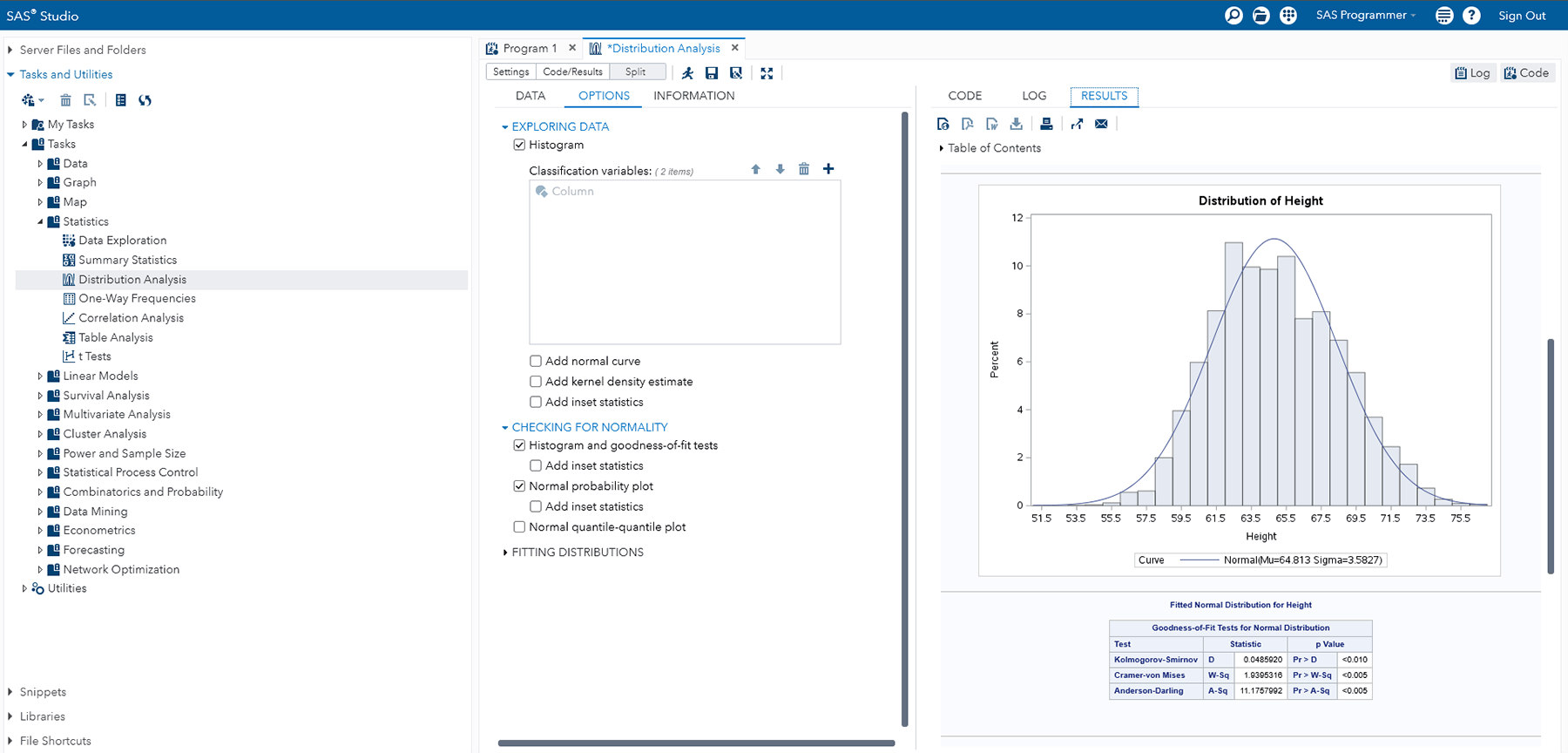 Capture d'écran de l'analyse de distribution SAS Studio ODA