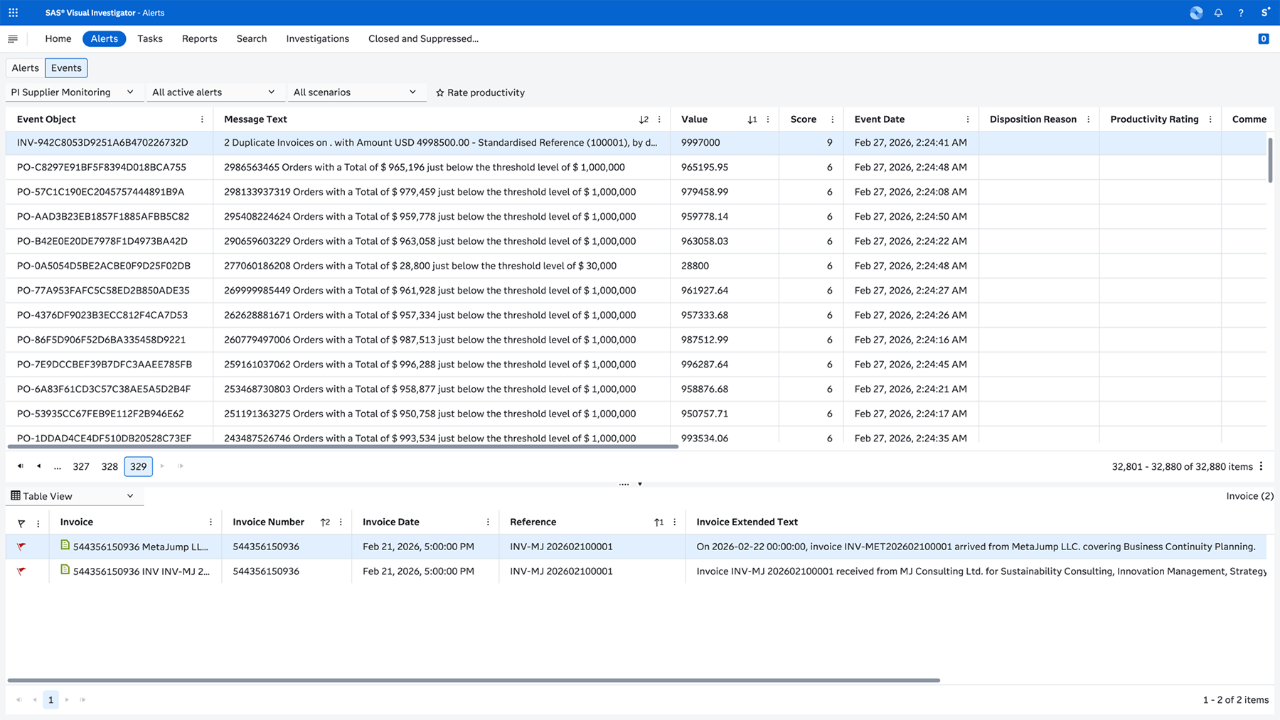 Screensot of SAS Payment Integrity for Procurement showing supplier scenario events