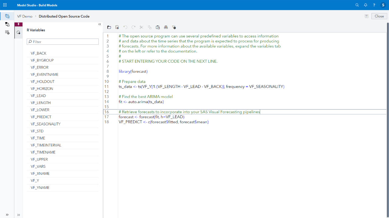 Capture d'écran de SAS Visual Forecasting montrant le code open source du noeud