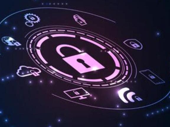 Diverses icônes technologiques entourant une icône de cadenas rose